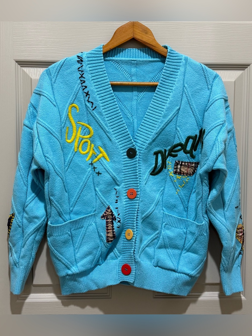 Ebossy Cardigan Sweater Women M Blue Patchwork Cable Knit Chunky